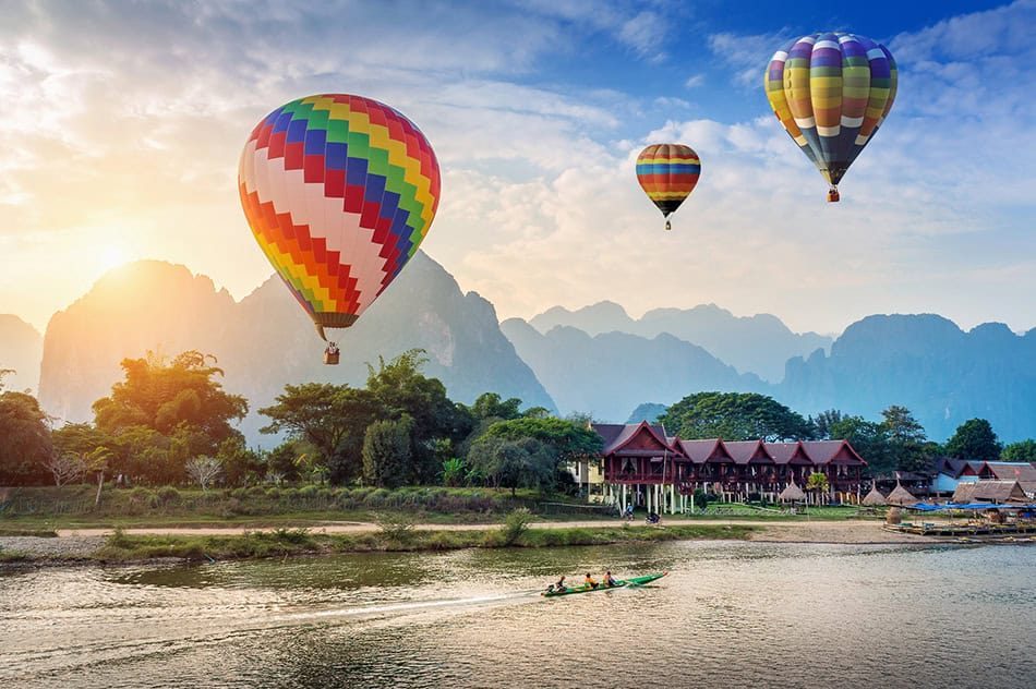 Budget guesthouses and riverside scenery in Vang Vieng, Laos