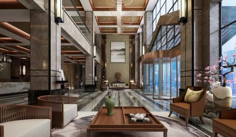 A large, modern hotel lobby representing higher-end travel choices