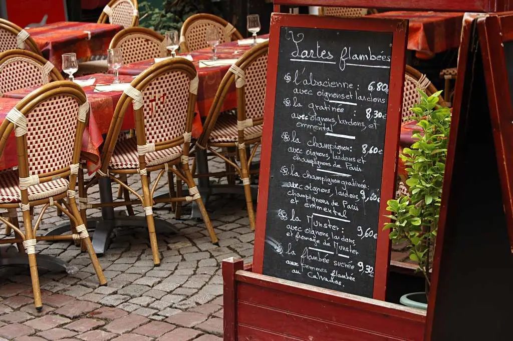 Restaurant menu in France showing prices.