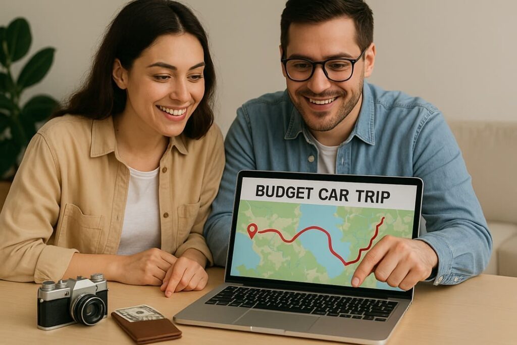 A couple planning a road trip route and budget on a computer