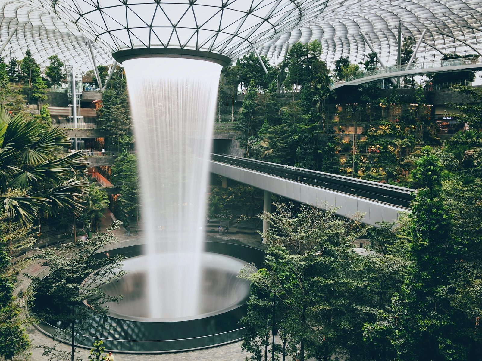 Waterfall feature inside a modern airport