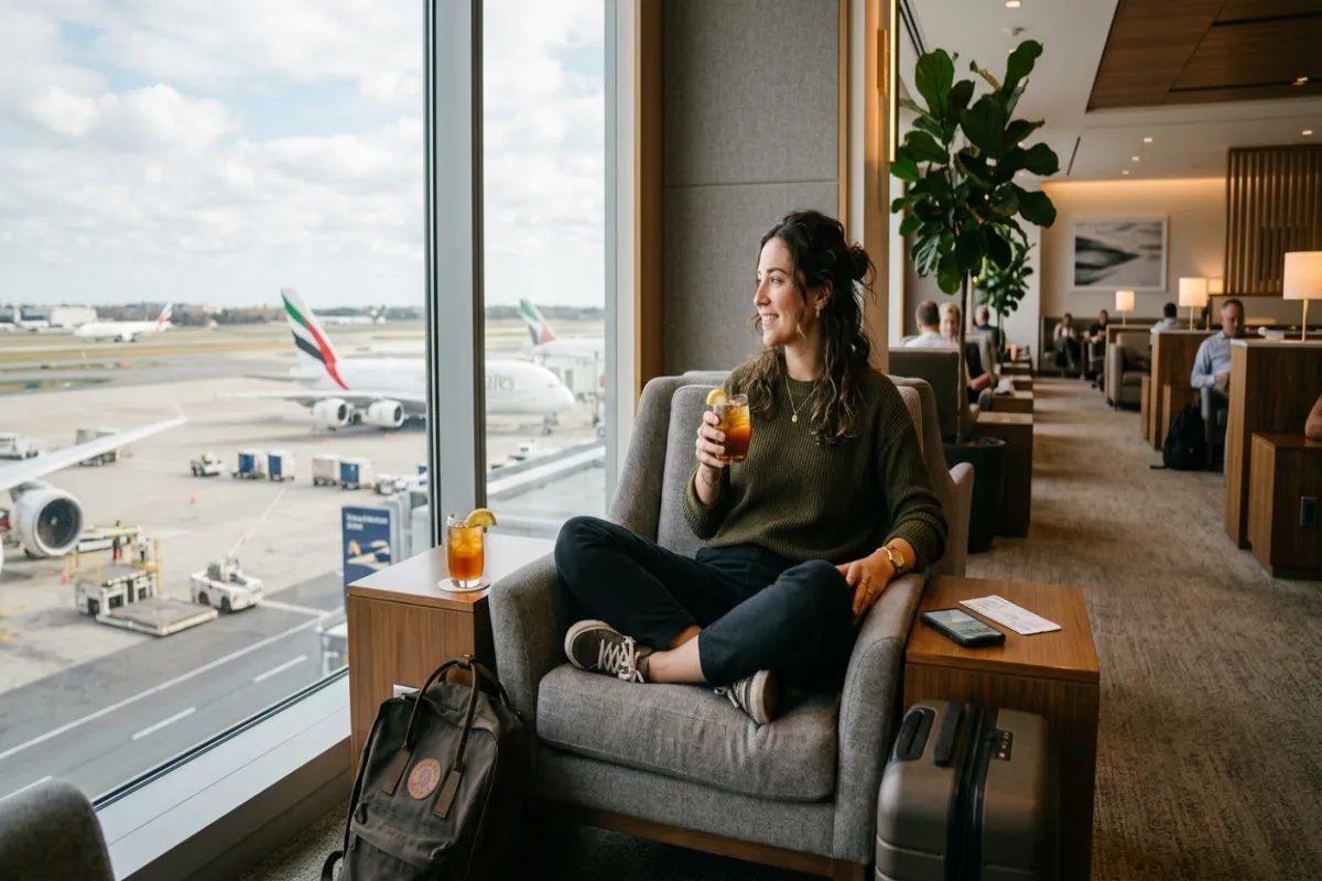 Relaxing in an airport lounge during a comfortable layover