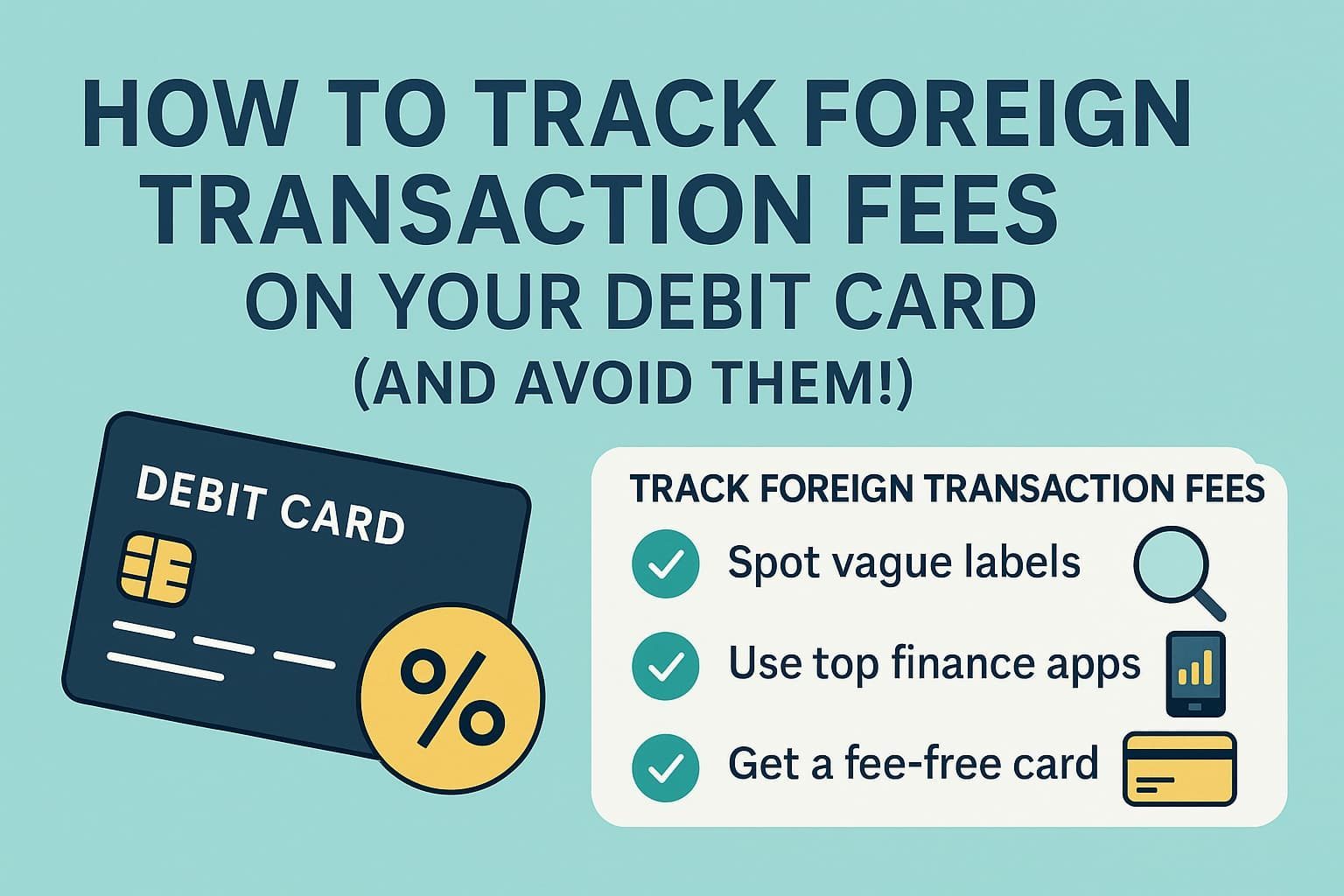 Infographic thumbnail showing how to track and avoid foreign transaction fees on your debit card, with tips like spotting vague labels, using finance apps, and choosing fee-free cards.