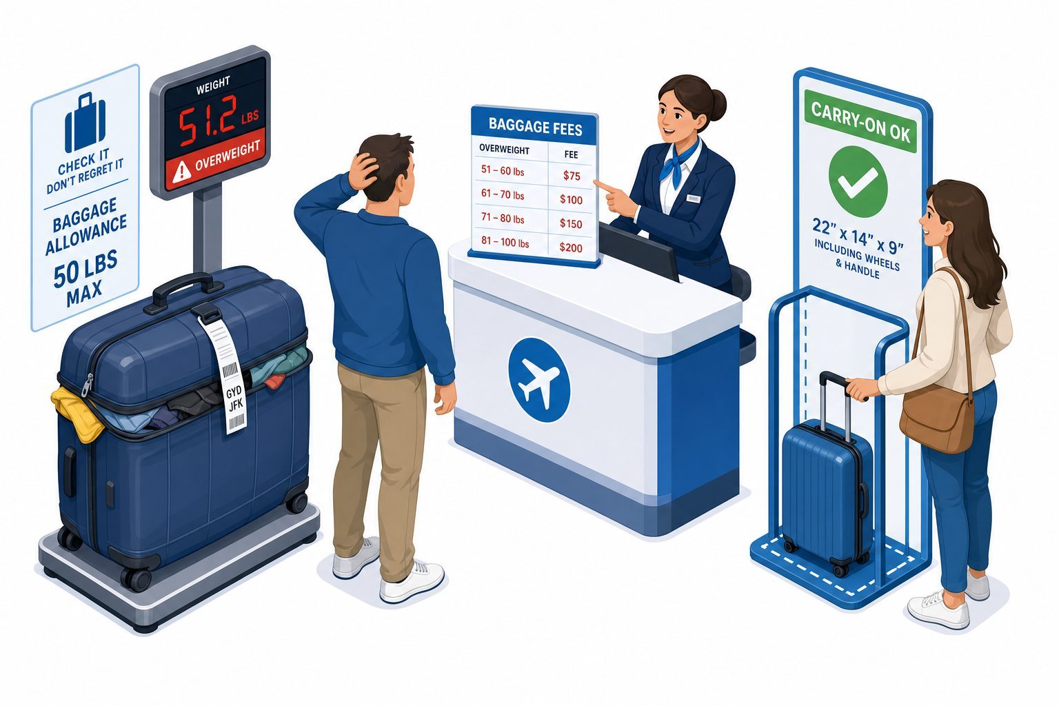 Passenger paying overweight luggage fees at airport check-in