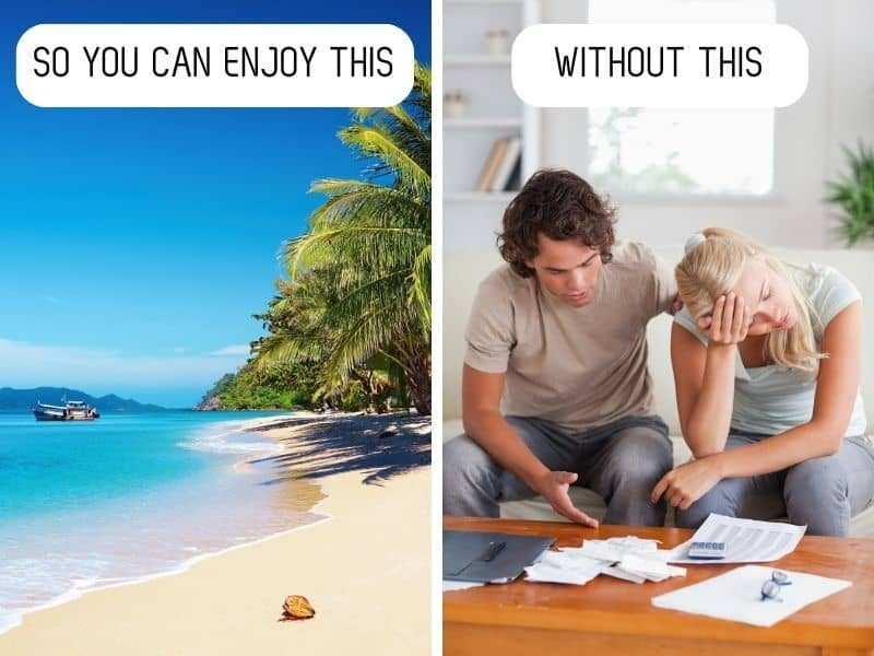 One side tropical beach with text so you can enjoy this. The other side is a stressed out couple over money with the words without this.