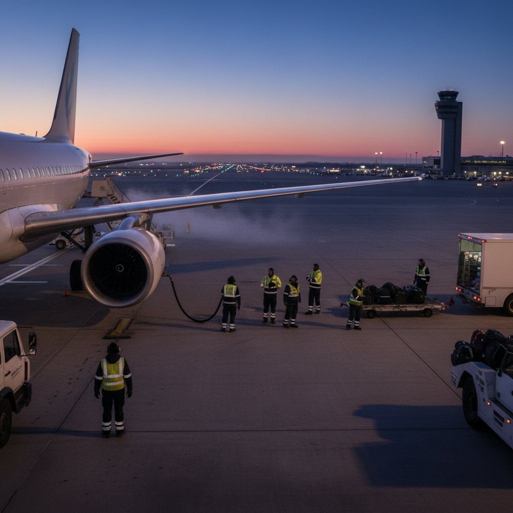 Dawn flight aircraft at gate with ground crew preparing the jet