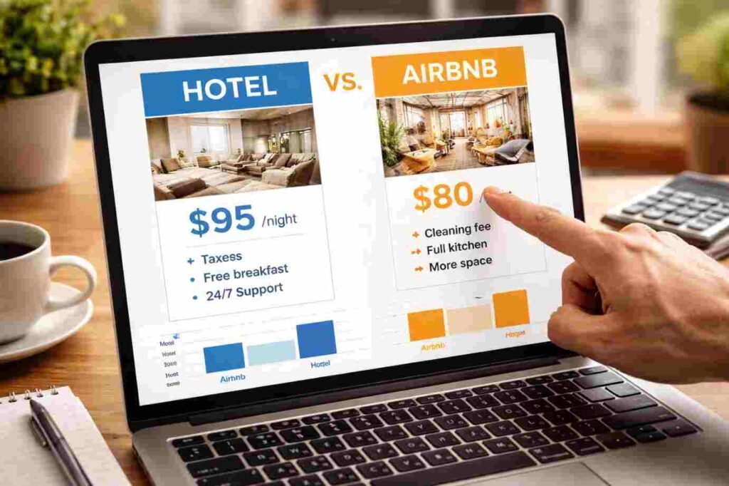 Traveler comparing hotel and Airbnb prices online