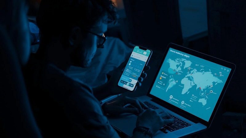 A traveler using a laptop and phone to compare flights with icons for layovers insurance and fare alerts